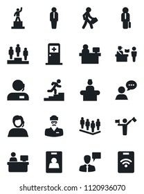 Set of vector isolated black icon - dispatcher vector, passport control, reception, medical room, manager, speaking man, pedestal, team, place, doctor, support, speaker, identity card, career ladder