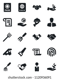 Set of vector isolated black icon - passport vector, ladder car, handshake, garden fork, farm, saw, client, fingerprint id, waiter, palm sproute, investment, contract