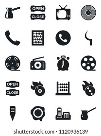 Set of vector isolated black icon - alarm clock vector, phone, abacus, stamp, sickle, plant label, reel, vinyl, flame disk, radio, call, office, tv, open close, turkish coffee