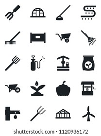 Set of vector isolated black icon - fence vector, garden fork, farm, rake, wheelbarrow, well, hoe, pumpkin, greenhouse, sprayer, fertilizer, drip irrigation, windmill