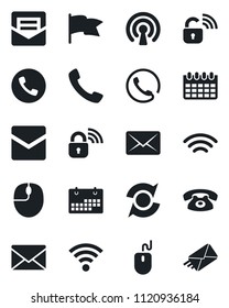 Set of vector isolated black icon - phone vector, mail, mouse, calendar, call, wireless, update, lock, flag