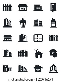 Set of vector isolated black icon - office building vector, fence, garden light, hospital, store, plan, sweet home, city house, cafe, eco, door
