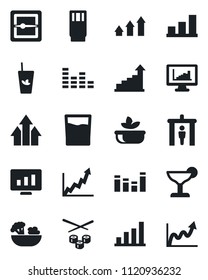 Set of vector isolated black icon - security gate vector, growth statistic, monitor, equalizer, scanner, statistics, bar graph, drink, cocktail, phyto, salad, sushi, arrow up