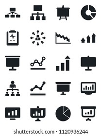 Set of vector isolated black icon - growth statistic vector, hierarchy, presentation board, monitor, circle chart, pulse clipboard, statistics, pie graph, point, arrow up, crisis