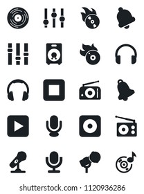 Set of vector isolated black icon - vinyl vector, flame disk, microphone, radio, settings, headphones, speaker, play button, stop, rec, bell, music