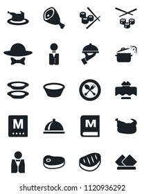 Set of vector isolated black icon - spoon and fork vector, waiter, dish, restaurant table, menu, plates, dress code, chicken, steak, ham, bowl, steaming pan, sushi, serviette
