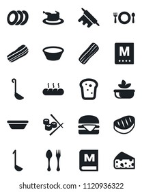 Set of vector isolated black icon - spoon and fork vector, cafe, menu, salad, plates, bacon, bread, chicken, steak, hamburger, ladle, bowl, rolling pin, sushi, cheese