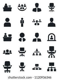 Set of vector isolated black icon - reception vector, manager, office chair, place, client, user, company, desk, hierarchy, estate agent, group