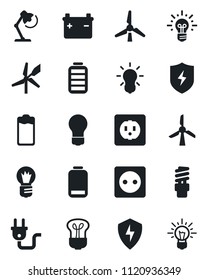 Set of vector isolated black icon - bulb vector, battery, low, protect, desk lamp, windmill, socket, power plug, energy saving, idea