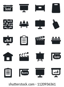 Set of vector isolated black icon - fence vector, presentation board, meeting, clipboard, clapboard, rooms, sold signboard, smart home, cutting, chip