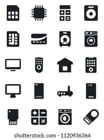 Set of vector isolated black icon - washer vector, calculator, monitor, speaker, phone back, sim, smart home, credit card, chip, remote control, router, usb flash