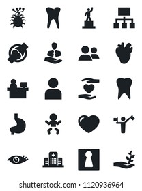 Set of vector isolated black icon - dispatcher vector, female, baby, pedestal, manager place, heart hand, stomach, real, tooth, eye, joint, hospital, virus, client, group, user, hierarchy