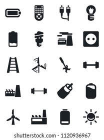 Set of vector isolated black icon - bulb vector, factory, ladder, ripper, barbell, remote control, low battery, rca, windmill, socket, energy saving, alarm led