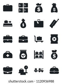 Set of vector isolated black icon - suitcase vector, baggage conveyor, trolley, larry, luggage storage, scales, checkroom, case, money bag, fertilizer, doctor