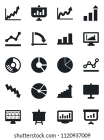 Set of vector isolated black icon - growth statistic vector, presentation board, crisis graph, circle chart, monitor pulse, statistics, bar, pie, point