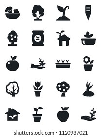 Set of vector isolated black icon - flower in pot vector, seedling, tree, sproute, plant label, fertilizer, fruit, salad, apple, eco house, palm