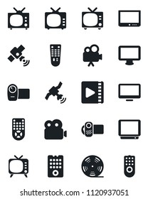 Set of vector isolated black icon - tv vector, reel, satellite, video camera, remote control, monitor