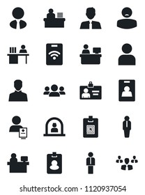 Set of vector isolated black icon - reception vector, manager, identity card, place, patient, user, desk, estate agent, pass, group