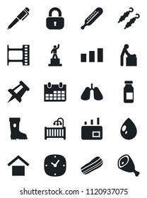 Set Of Vector Isolated Black Icon - Baby Room Vector, Pedestal, Drawing Pin, Calendar, Boot, Water Drop, Thermometer, Ampoule, Lungs, Warehouse Storage, Sorting, Film Frame, Clock, Pen, Mail, Lock