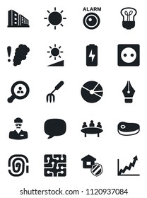 Set of vector isolated black icon - meeting vector, garden fork, sun, doctor, message, brightness, charge, pie graph, ink pen, office building, client search, estate insurance, steak, chip, socket