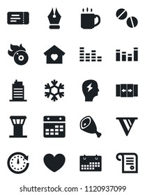 Set of vector isolated black icon - airport tower vector, automatic door, ticket, brainstorm, heart, pills, flame disk, equalizer, calendar, coffee, ink pen, sweet home, city house, ham, snowflake