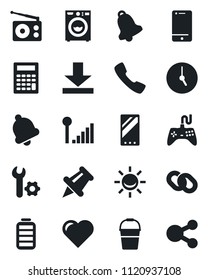 Set of vector isolated black icon - bucket vector, heart, radio, gamepad, cell phone, chain, paper pin, battery, mobile, call, clock, bell, download, cellular signal, root setup, washer, alarm led