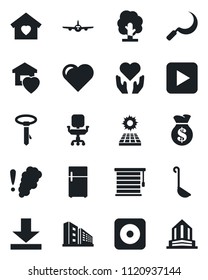 Set of vector isolated black icon - plane vector, tree, sickle, heart, hand, play button, rec, download, office chair, sun panel, building, sweet home, ladle, smoke detector, jalousie, fridge, tie