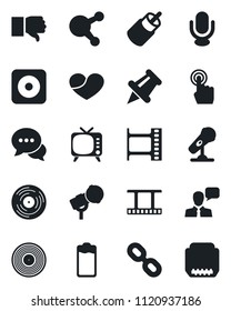 Set of vector isolated black icon - film frame vector, vinyl, microphone, tv, touch screen, dialog, speaker, share, chain, finger down, heart, paper pin, battery, rec button, rca, hdmi