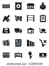 Set of vector isolated black icon - baggage trolley vector, railroad, store, satellite, cash, cargo container, car delivery, receipt, clipboard, no, tulip, warehouse, package, sorting, heavy, rack