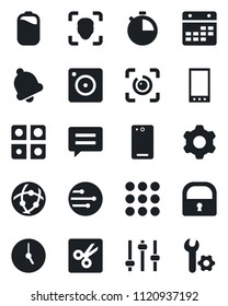 Set of vector isolated black icon - mobile vector, phone back, menu, message, camera, settings, tuning, clock, stopwatch, bell, network, calendar, cut, lock, face id, eye, battery, application