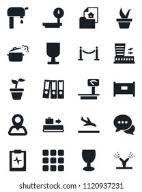 Set of vector isolated black icon - fence vector, arrival, baggage conveyor, airport building, seedling, pulse clipboard, navigation, fragile, heavy scales, dialog, menu, paper binder, water supply
