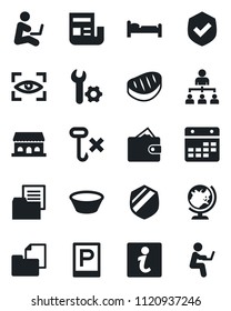 Set of vector isolated black icon - parking vector, globe, bed, hierarchy, folder document, no hook, shield, calendar, root setup, news, cafe building, steak, bowl, eye scan, information, wallet