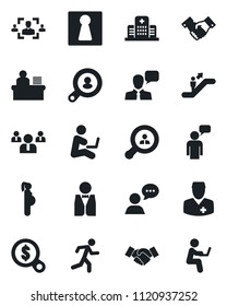 Set of vector isolated black icon - escalator vector, female, handshake, speaking man, team, run, hospital, doctor, pregnancy, speaker, hr, manager desk, client search, waiter, money, with notebook