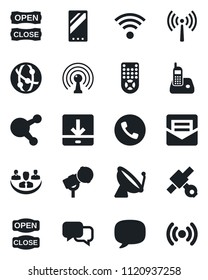 Set of vector isolated black icon - antenna vector, satellite, phone, microphone, remote control, network, dialog, radio, share, mobile, message, mail, download, company, wireless, open close
