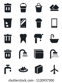 Set of vector isolated black icon - trash bin vector, shower, bucket, tooth, mobile, blank box, water supply, bathroom, serviette, filter, windmill