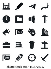 Set of vector isolated black icon - office building vector, abacus, tie, sickle, thermometer, signpost, clock, flame disk, folder, case, pencil, sale, rent, water filter, sound, paper plane