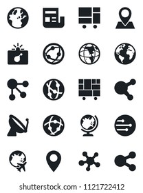 Set of vector isolated black icon - satellite antenna vector, bomb in case, globe, plane, earth, pin, consolidated cargo, network, share, news, social media