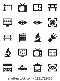 Set of vector isolated black icon - barrier vector, alarm car, seat map, bench, monitor pulse, microscope, eye, torch, plan, tv, alcove, scan