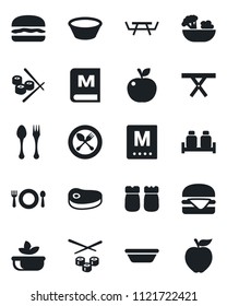 Set of vector isolated black icon - spoon and fork vector, picnic table, cafe, menu, salad, salt pepper, steak, hamburger, bowl, sushi, apple fruit