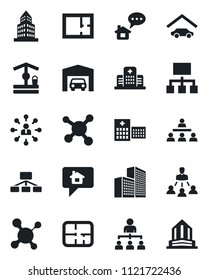 Set of vector isolated black icon - hierarchy vector, well, molecule, hospital, office building, garage, plan, home message