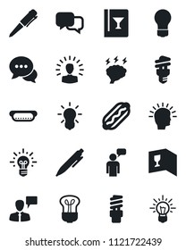 Set of vector isolated black icon - speaking man vector, pen, brainstorm, bulb, dialog, wine card, hot dog, energy saving, shining head, idea