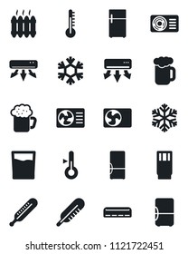 Set of vector isolated black icon - thermometer vector, heater, air conditioner, fridge, drink, beer, snowflake