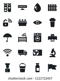 Set of vector isolated black icon - washer vector, meeting, fence, bucket, water drop, microscope, ampoule, eye, car delivery, umbrella, book, children room, air conditioner, wireless, cook, lock