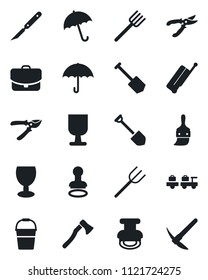 Set of vector isolated black icon - suitcase vector, umbrella, stamp, baggage larry, job, farm fork, bucket, pruner, axe, scalpel, fragile, themes, case, hard work