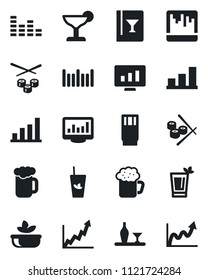 Set of vector isolated black icon - statistic monitor vector, barcode, equalizer, scanner, statistics, bar graph, alcohol, wine card, drink, cocktail, phyto, beer, salad, sushi, growth