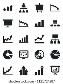 Set of vector isolated black icon - growth statistic vector, hierarchy, presentation board, circle chart, monitor pulse, bar graph, pie, point, arrow up, crisis