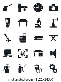 Set of vector isolated black icon - camera vector, desk, notebook pc, picnic table, garden sprayer, drip irrigation, ripper, dropper, microscope, clock, antenna, speaker, remote control, copier