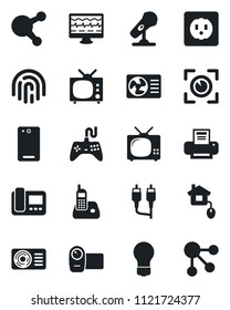 Set of vector isolated black icon - bulb vector, monitor pulse, microphone, gamepad, video camera, radio phone, share, rca, back, fingerprint id, printer, air conditioner, tv, home control, socket
