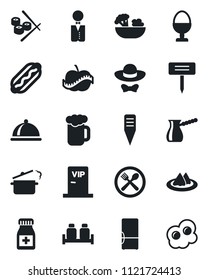 Set of vector isolated black icon - plant label vector, pills bottle, diet, fridge, waiter, dish, serviette, cafe, beer, salad, egg stand, salt and pepper, vip zone, dress code, hot dog, sushi