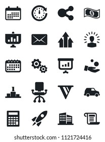 Set of vector isolated black icon - office building vector, arrow up graph, gear, shining head, rocket, clock, pennon, chair, investment, calendar, cash, calculator, car, social media, mail